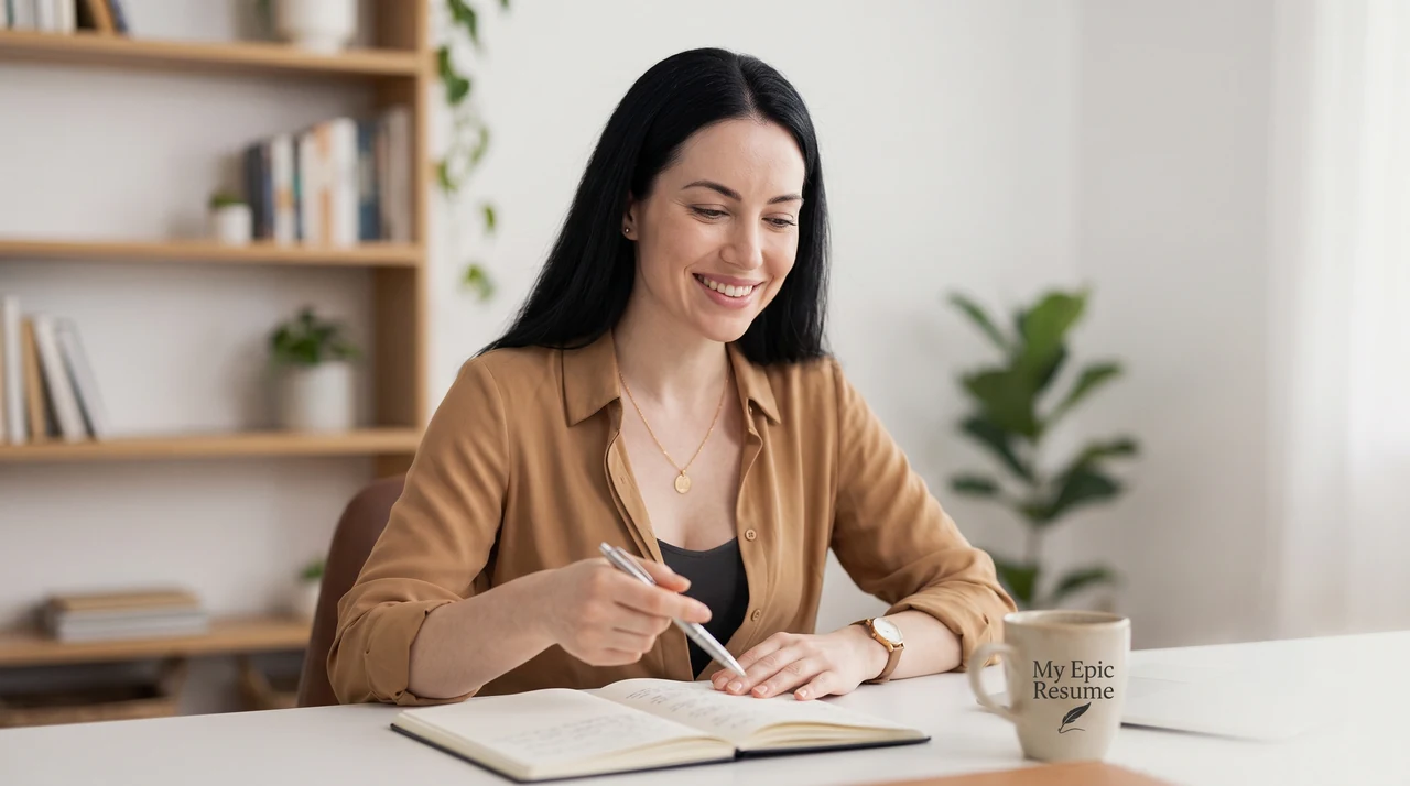 A smiling professional writing in a notebook at a bright desk, thinking through her career history during a consultation